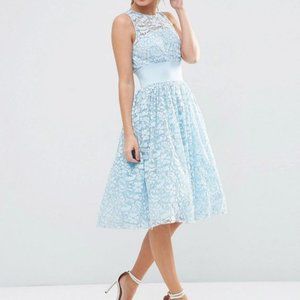 Like New ASOS Petite Salon Lace Applique Midi Prom Dress Sz US 2 Pastel Blue